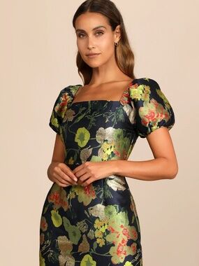 NWT Lulu's So Stunning Navy Blue Floral Jacquard Puff Sleeve Mini Dress